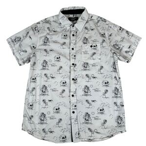 Men's Short Sleeve Button Up Shirt Skull Rose Graphic Print White Black skater